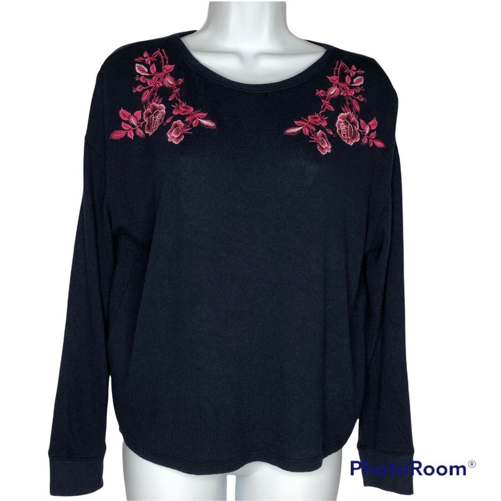 Floral Embroidered Knit Top Womens Navy Dropped Shoulder Pullover Size Medium